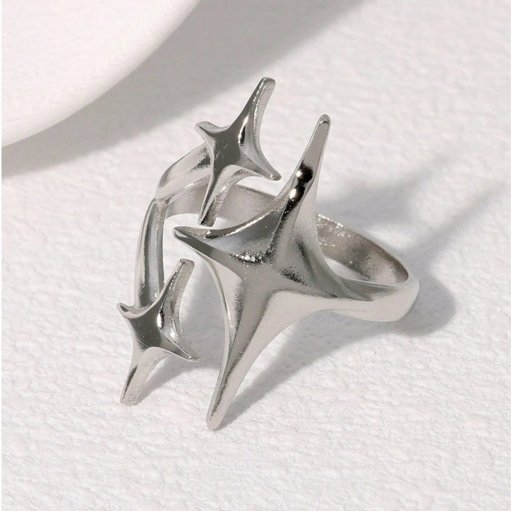 3D Triple Four-Pointed Star Open Ring, S925 Silver 14K Gold Plated Minimalist Star Statement Band For Women
