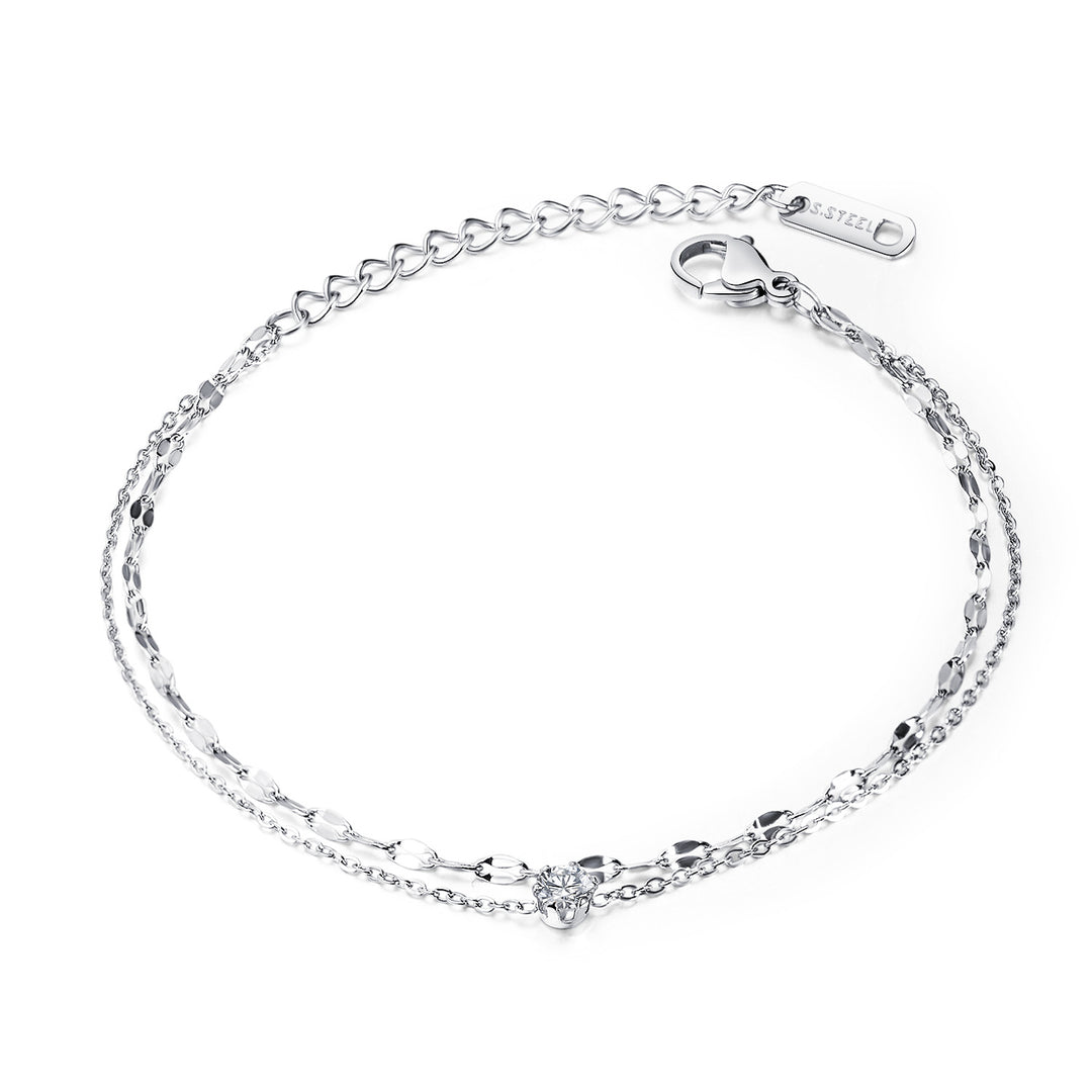 Double Layer Shiny Chain Single Diamond Anklet, Gold Silver Rose Gold Adjustable Summer Beach Ankle Jewelry for Women