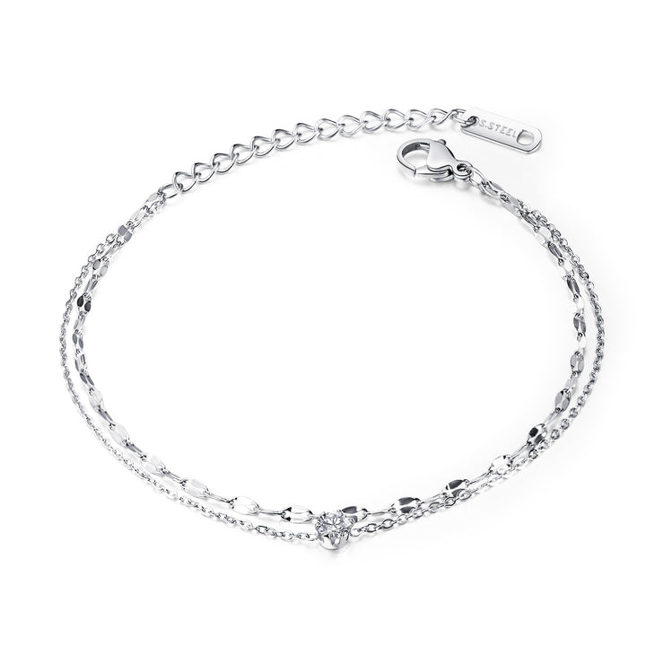 Double Layer Shiny Chain Single Diamond Anklet, Gold Silver Rose Gold Adjustable Summer Beach Ankle Jewelry for Women