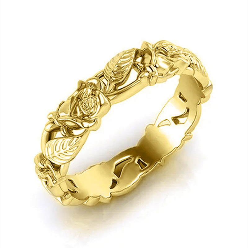 Vintage 3D Rose Vine Ring, European Hollow Carved Floral Unique Statement Band