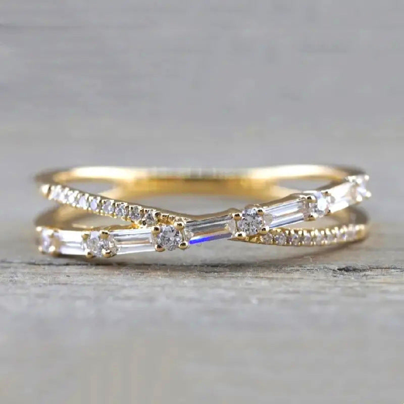 Twisted Baguette Diamond Thin Ring, Minimalist Stackable Paved Band, Gold Silver Black Three Tones Available