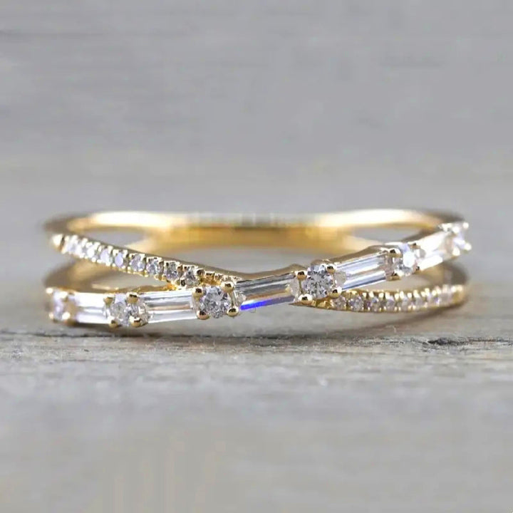 Twisted Baguette Diamond Thin Ring, Minimalist Stackable Paved Band, Gold Silver Black Three Tones Available