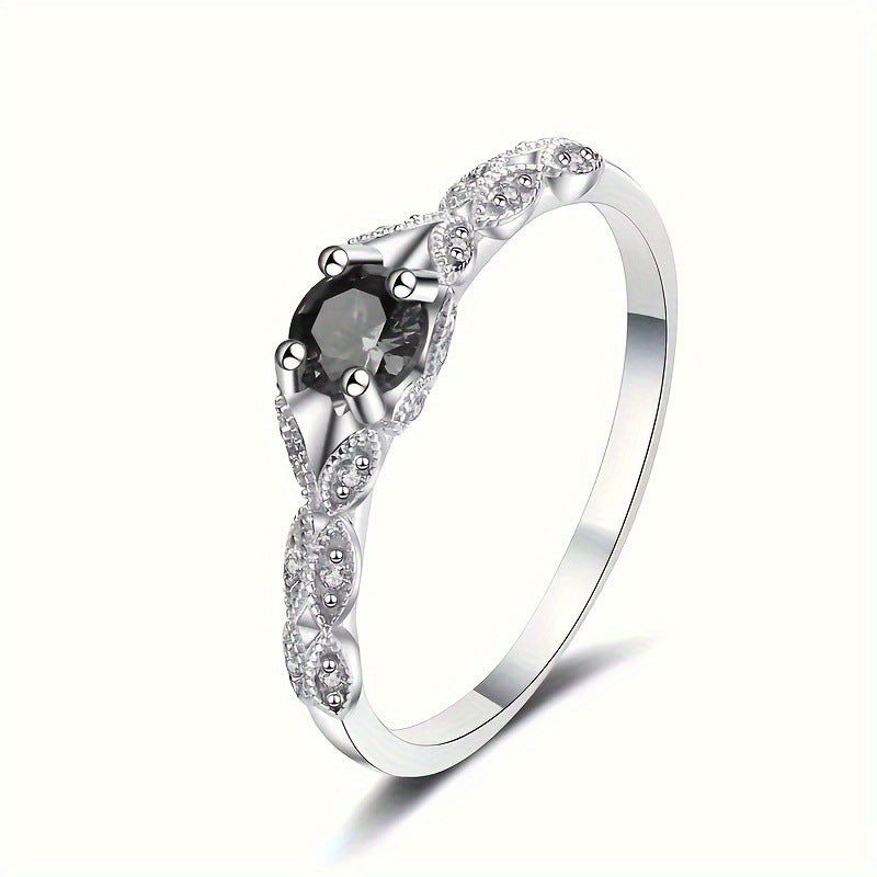 Four‑Prong Main Stone Leaf‑Shaped Pave Silver Ring, Multi‑Color Options