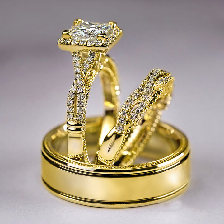 Princess Cut Twisted Paved Three-Piece Wedding Ring Set, Gold Silver Rose Gold Luxury Engagement Matching Ring Set