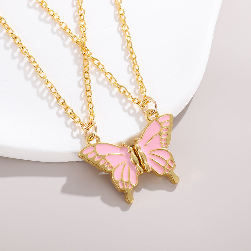 Color Enamel Butterfly Clavicle Necklace, Multi-Color Gold Border Minimal Pendant Necklace for Women