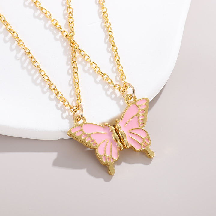 Color Enamel Butterfly Clavicle Necklace, Multi-Color Gold Border Minimal Pendant Necklace for Women