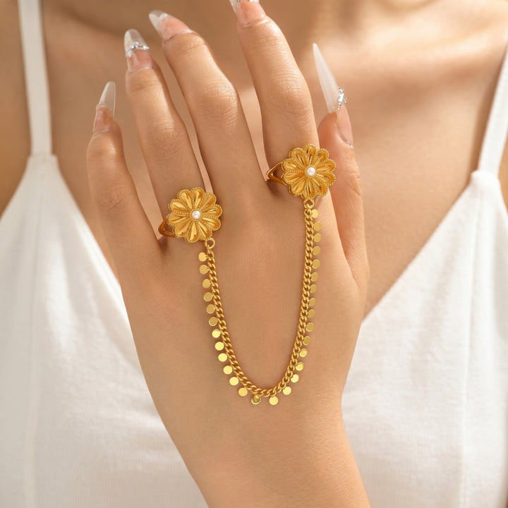 Vintage Embossed Floral Linked Double Ring Chain, Solid S925 Silver Gold-Plated 3 Gemstone Dangling Two-Finger Band