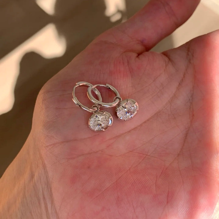 Oval Diamond Charm S925 Silver Huggie Earrings, Gold & Silver Two Tones Minimalist Oval Stone Dangle Earrings