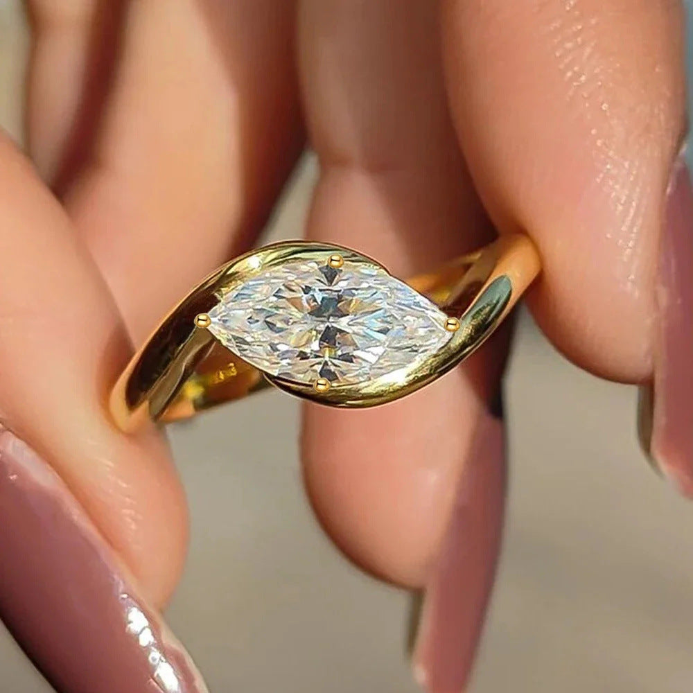 Twist Shank Marquise Stone Four-Prong Ring, Gold & Silver Minimalist Engagement Promise Band