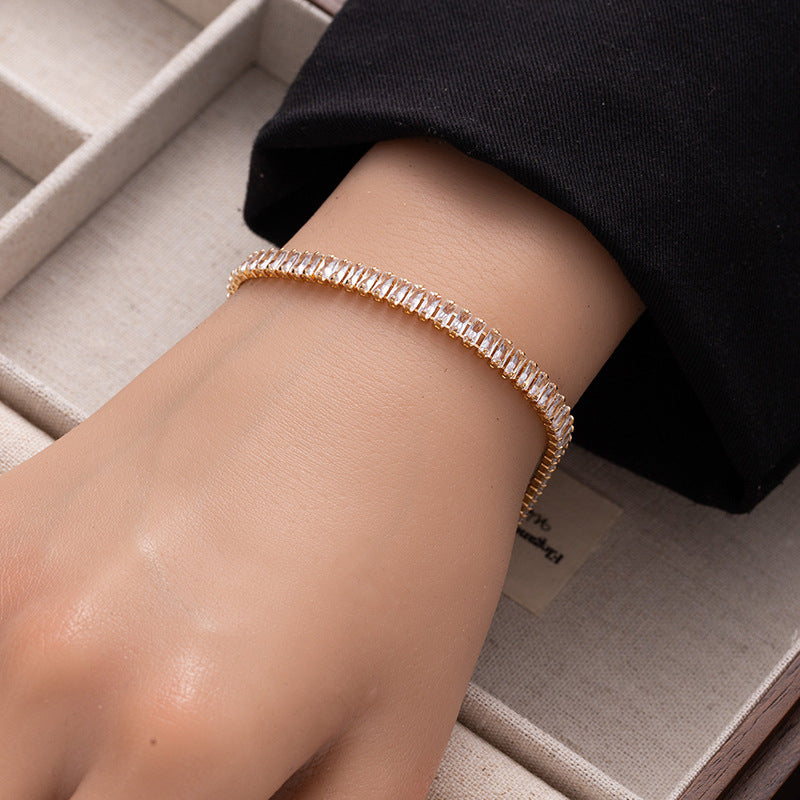 Baguette Cut Thin Tennis Bracelet, Gold & Silver / Rainbow Multi-Color Diamond Dainty Stackable Wrist Band