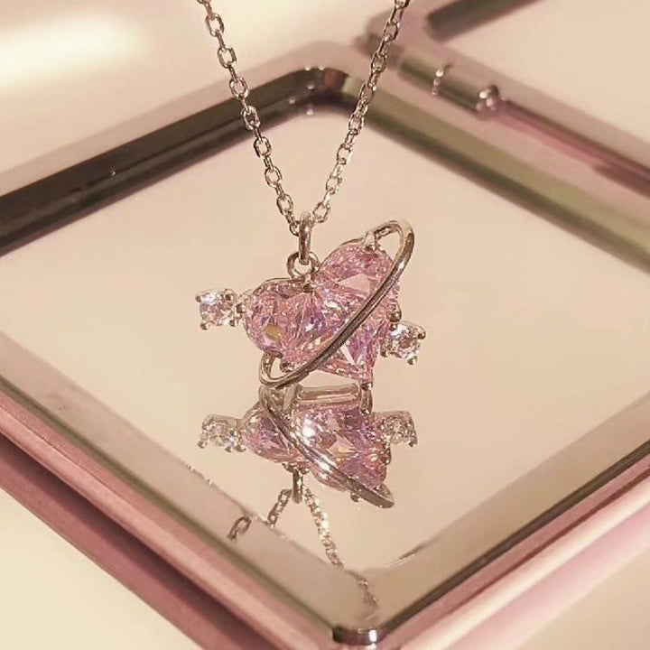 Planet Heart Diamond Necklace, Sweet Saturn Wrapped Heart Collarbone Chain, Pink & Clear Diamond Available