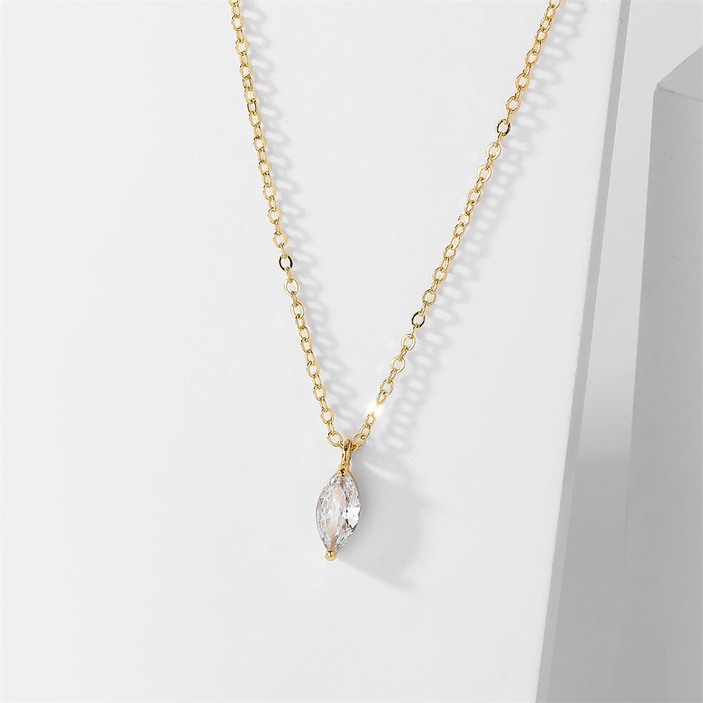 Marquise Single Diamond Thin Clavicle Chain, Gold & Silver Minimalist Teardrop Diamond Dainty Necklace