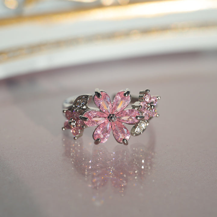 Vintage Amethyst Floral Open Ring, Luxury 3-Flower Diamond Adjustable Women Statement Ring