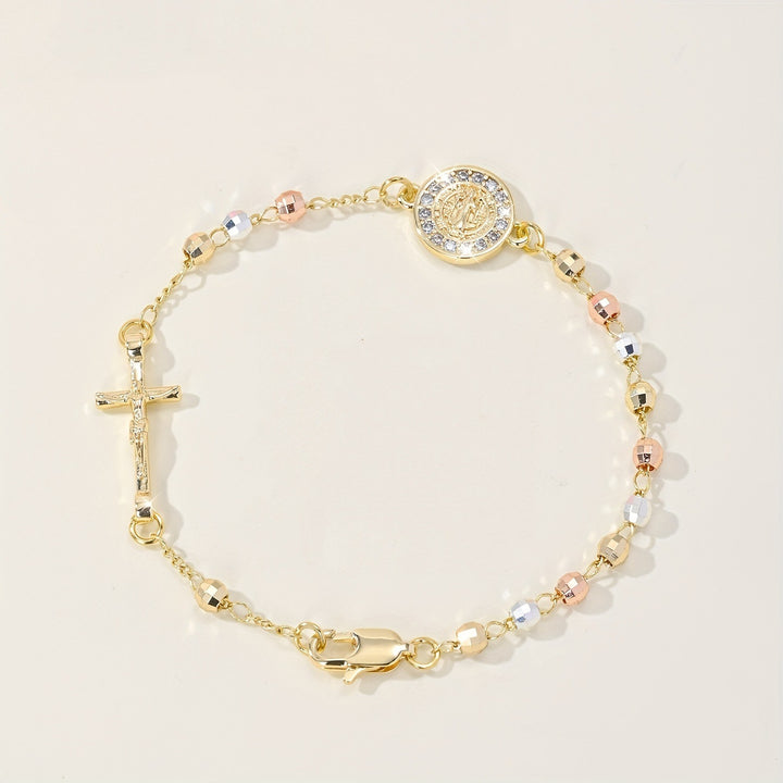 Tri-Color Faceted Bead Virgin Mary Cross Bracelet, Religious Diamond Saint Medal Jewelry, Gold Plated Rosary Bracelet for Women