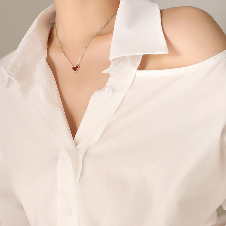 Red Enamel Heart Slim Chain Choker (Minimalist Vibe Sweet-Cool Necklace)
