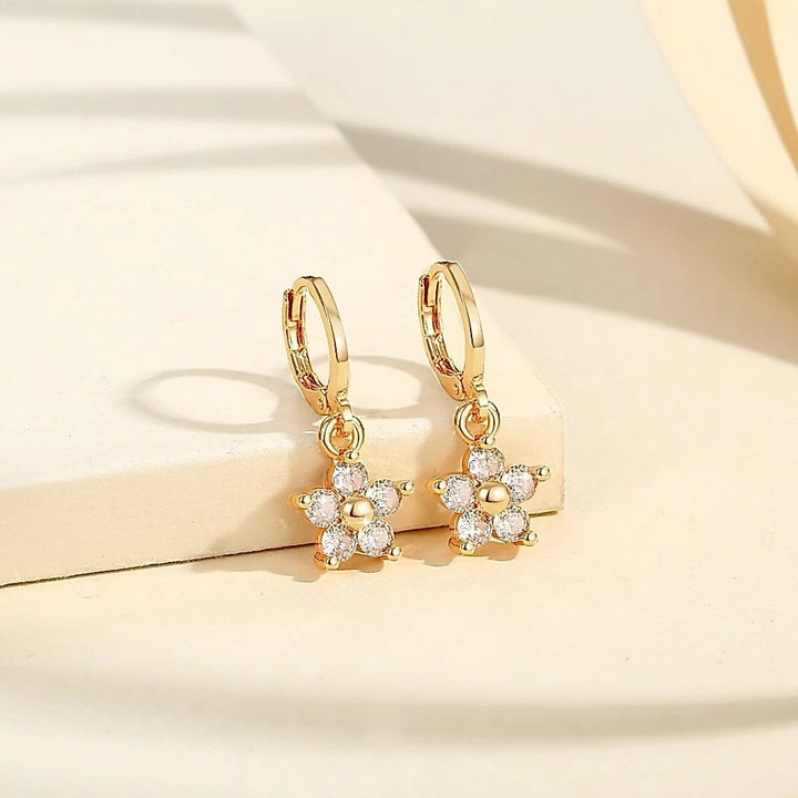 S925 Silver Paved Small Flower Huggie Earrings, Multi-color Delicate Five-petal Flower Drop Earrings