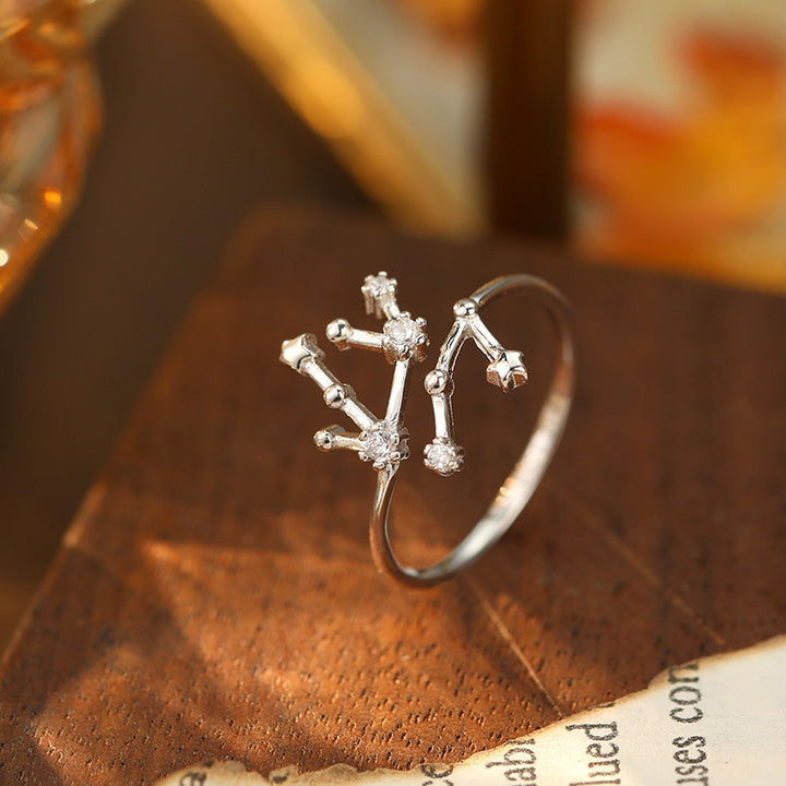 925 Silver Diamond-Inlaid 12 Constellations Open Adjustable Ring (Unisex Luxury Personalized Style)