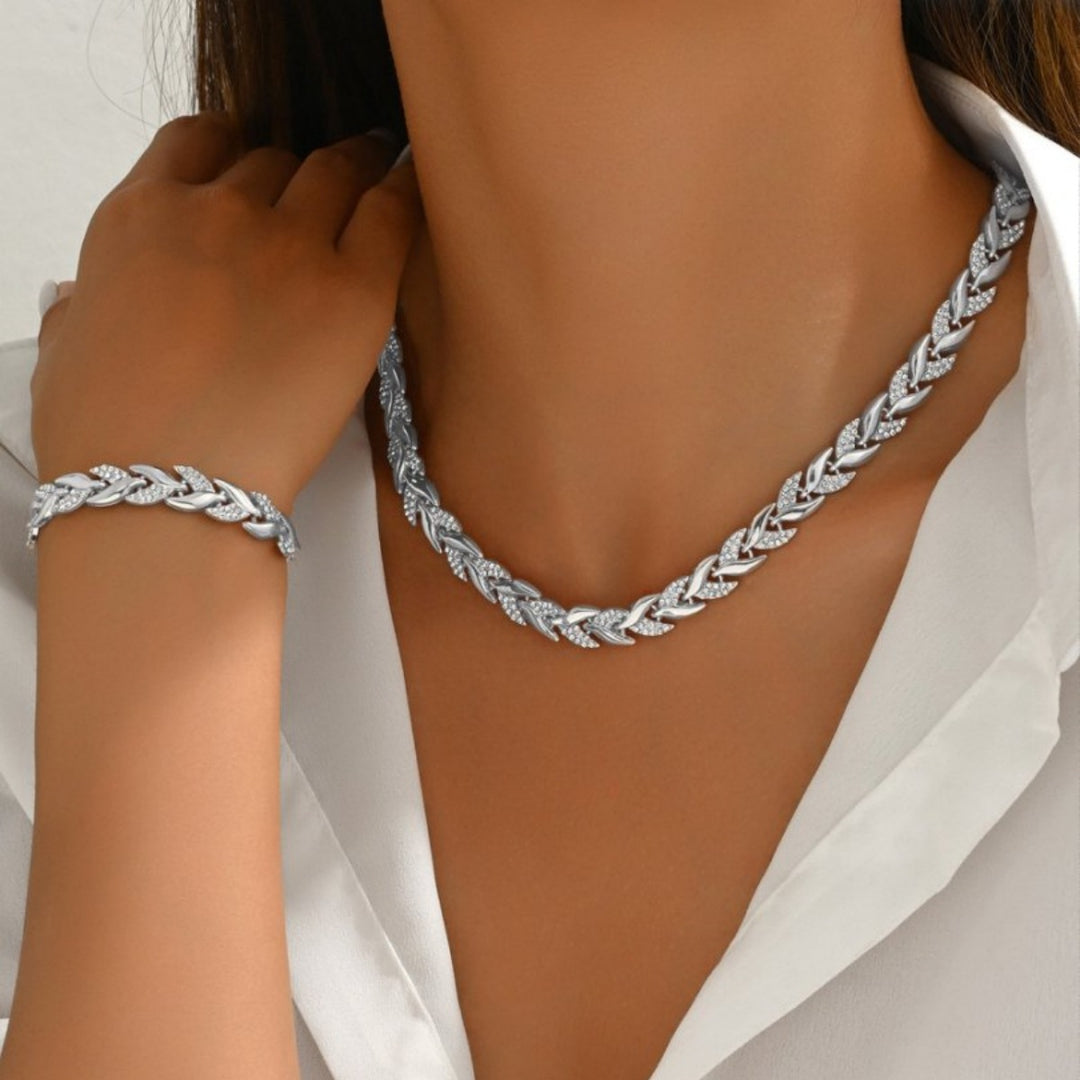 Rhinestone Wheat Necklace & Bracelet Set, S925 Sterling Silver Luxury Inlaid Wheat Jewelry 2Pcs Set