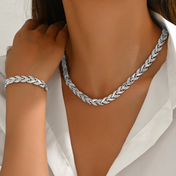 Rhinestone Wheat Necklace & Bracelet Set, S925 Sterling Silver Luxury Inlaid Wheat Jewelry 2Pcs Set