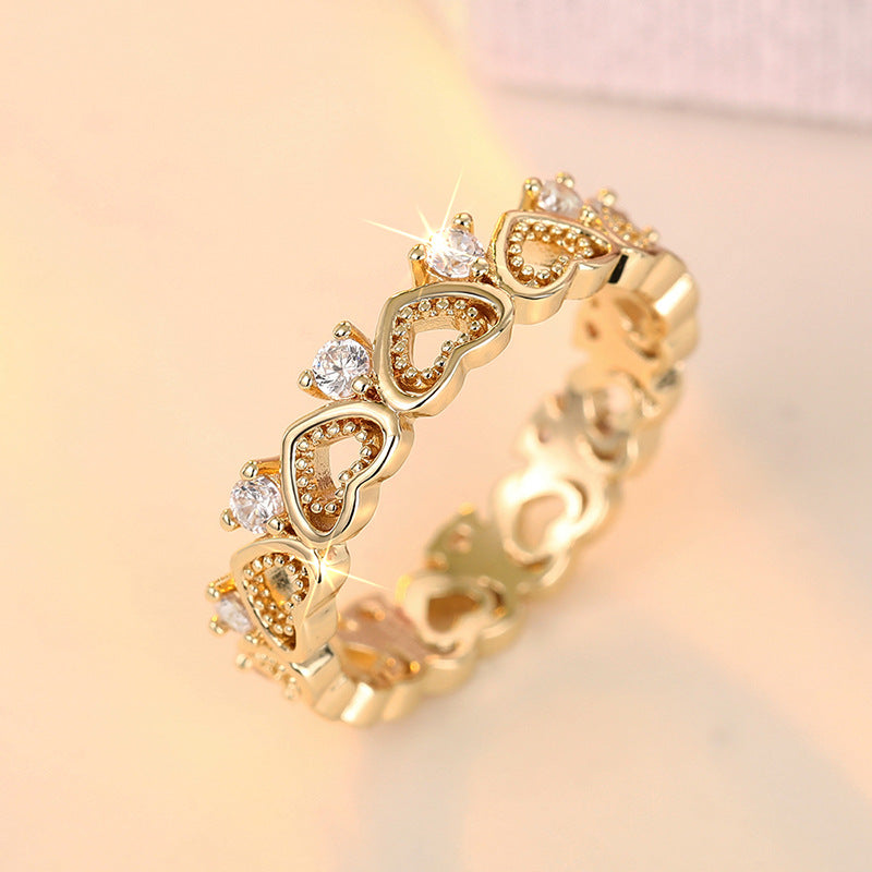 Hollow Heart Paved Diamond Eternity Band Ring, Gold & Silver Dainty Stackable Closed Ring for Women