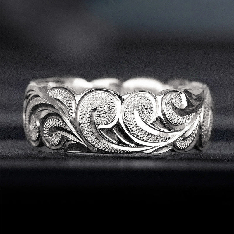 Vintage Scroll‑Engraved Wide S925 Silver Ring, European Carved Band Ring, Gold & Silver Two‑Tone For Men