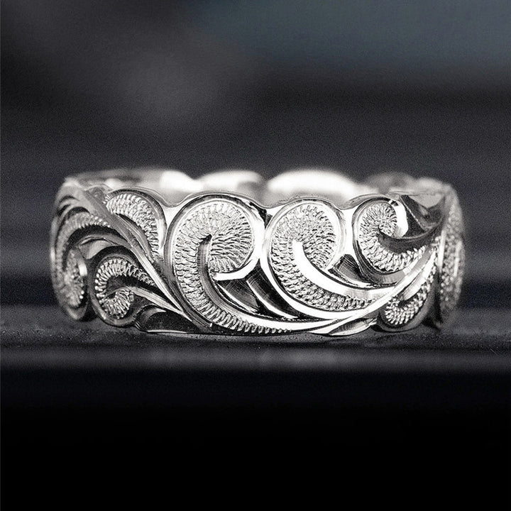 Vintage Scroll‑Engraved Wide S925 Silver Ring, European Carved Band Ring, Gold & Silver Two‑Tone For Men