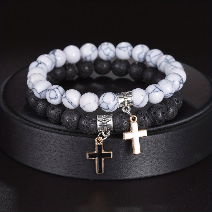 Black Lava Stone & White Turquoise Cross Couple Bracelets（1part/2 pcs）