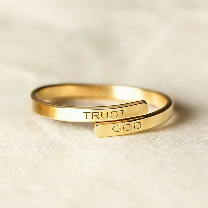 S925 Silver Engraved "TRUST GOD" Bypass Open Ring, Minimalist Adjustable Thin Band