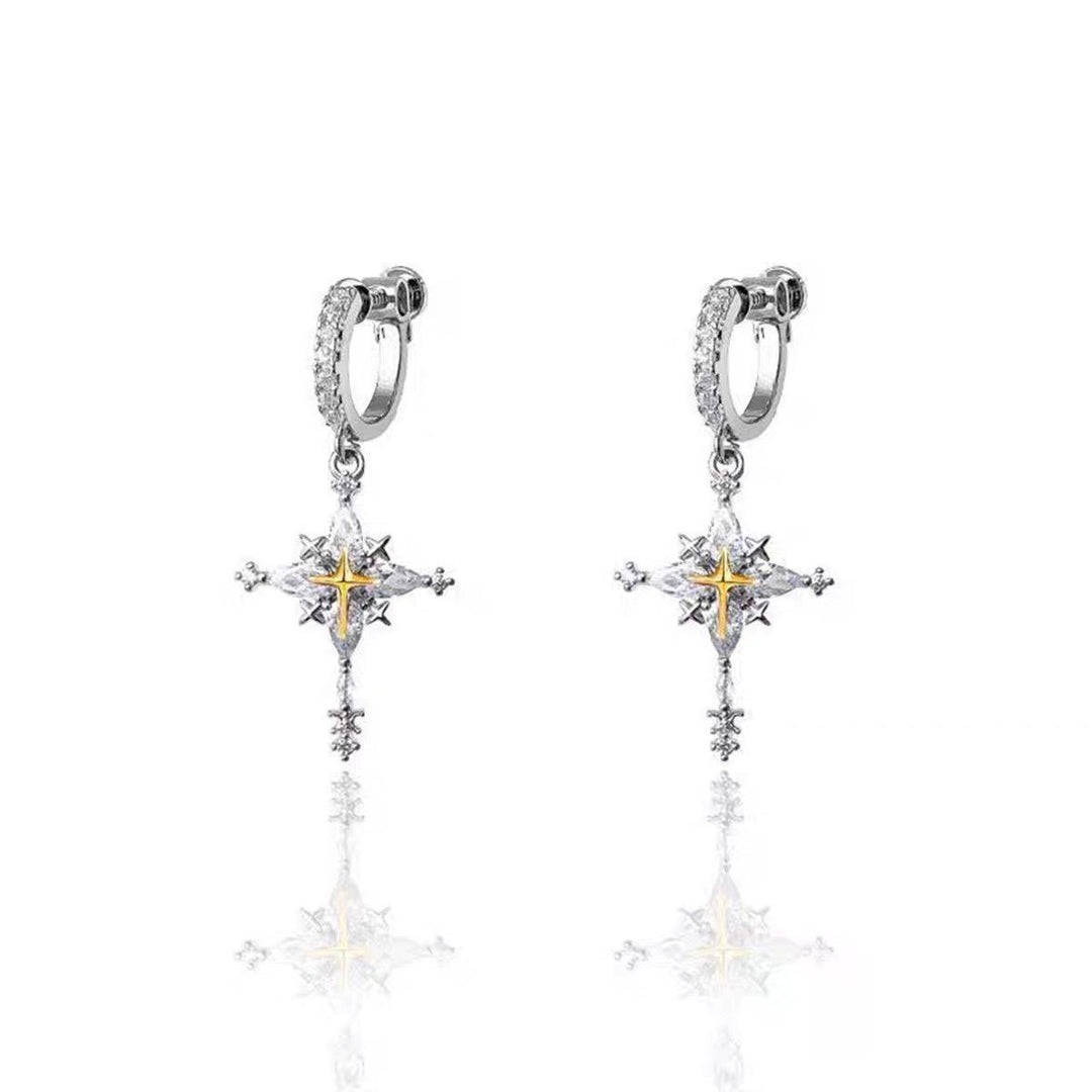 Two-Tone Four-Pointed Star Long Drop Hoop Earrings, Vintage Luxury Full Paved Diamond Star Dangle Earrings