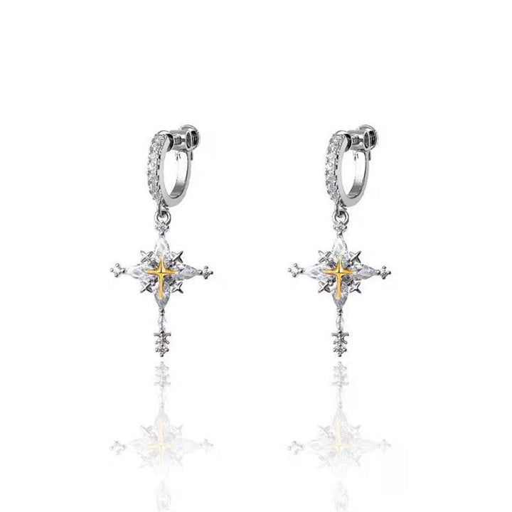 Two-Tone Four-Pointed Star Long Drop Hoop Earrings, Vintage Luxury Full Paved Diamond Star Dangle Earrings