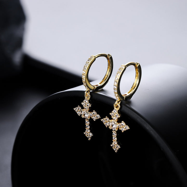 Full Paved Diamond Cross Hoop Earrings, Gold & Silver Luxury Rhinestone Cross Drop Hoops