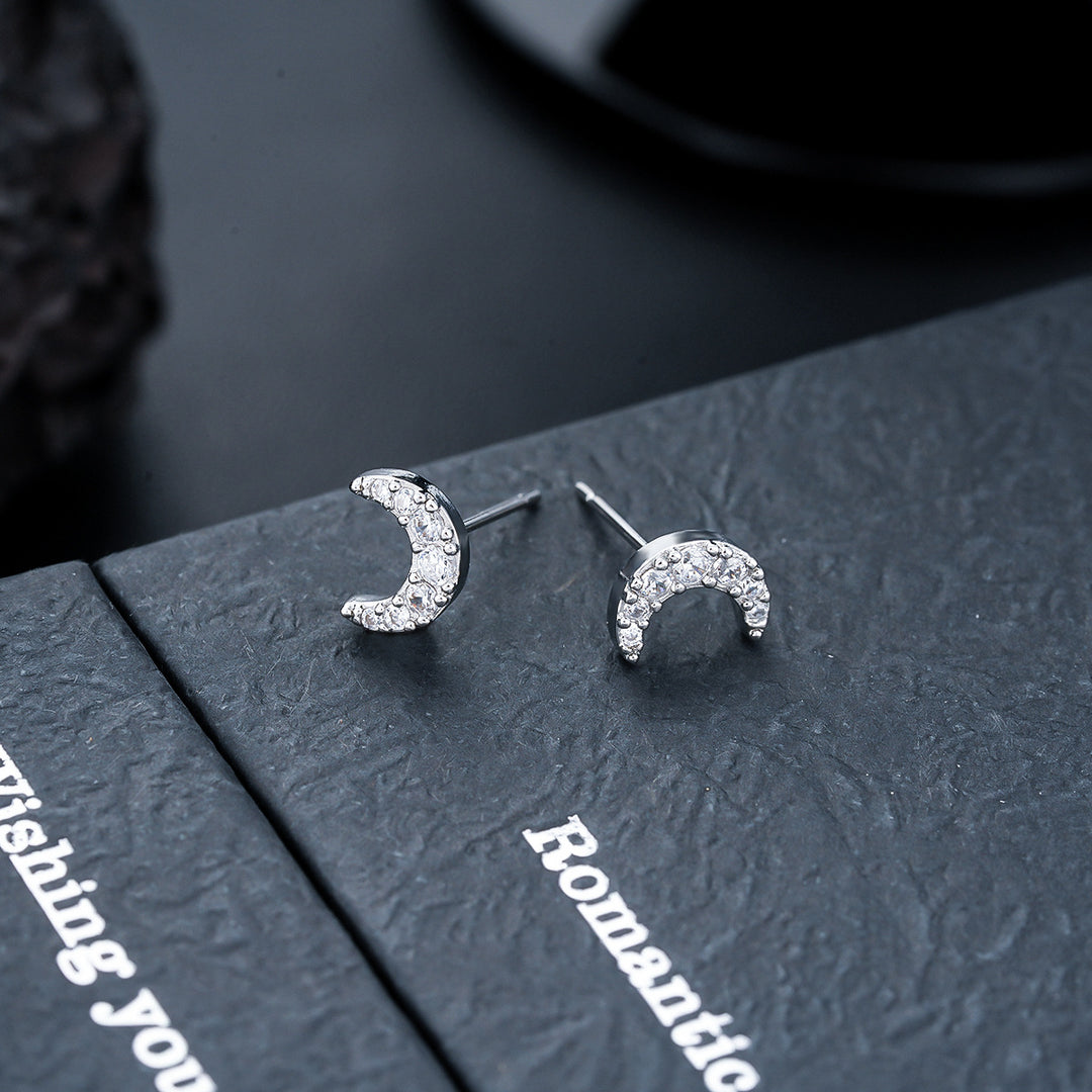 Sun And Moon Asymmetric Diamond Earrings, Starry Moon Paved Stud Earrings