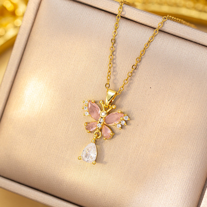 Double Butterfly Colored Diamond & Teardrop Pendant Choker (Sweet-Cool Girlish Heart Light Luxury Style)