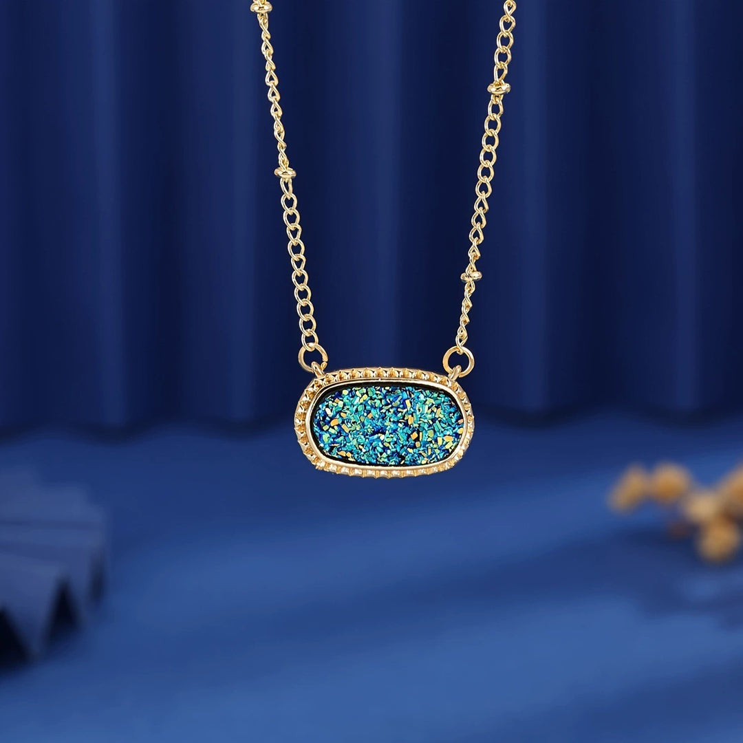 Rectangular Druzy Crystal Pendant Necklace, 14K Gold & Silver Dainty Satellite Chain, Sparkly Crushed Crystal Trendy Necklace, Multiple Colors Available