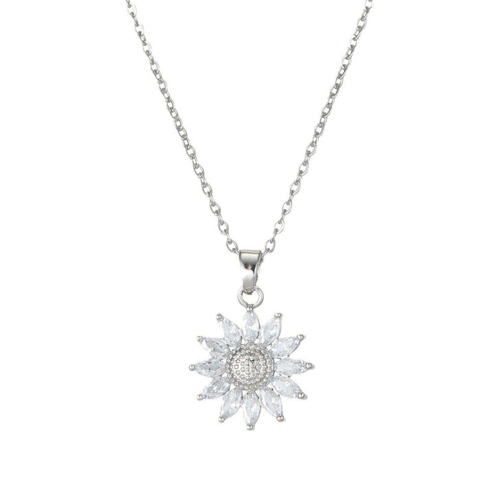 Pave Diamond Sunflower Collarbone Necklace, Marquise Crystal Sun‑Flower Pendant, Gold & Silver Two‑Tone Multiple Chain Styles Dainty Jewelry