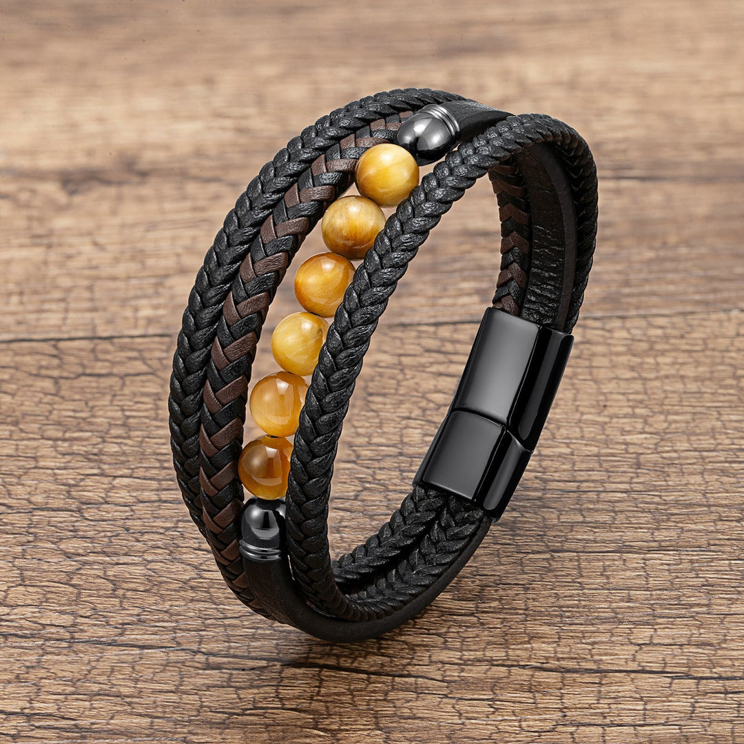 Natural Stone Beaded Braided Leather Men's Bracelet (Multi-Color Magnetic Clasp Wristband)