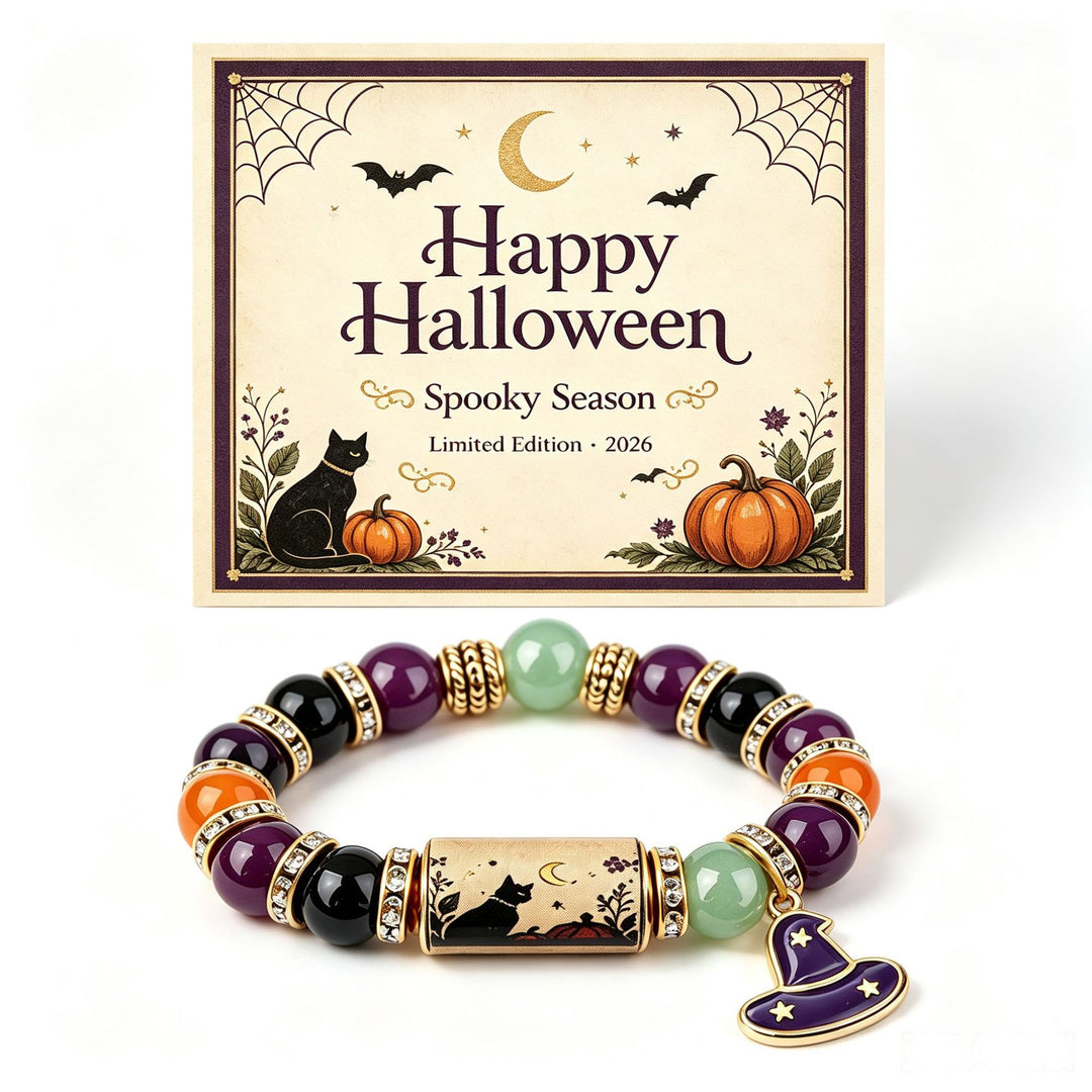 Halloween Skull Moon Star Beaded Stretch Bracelet, Vintage Pumpkin Themed Wrist Jewelry