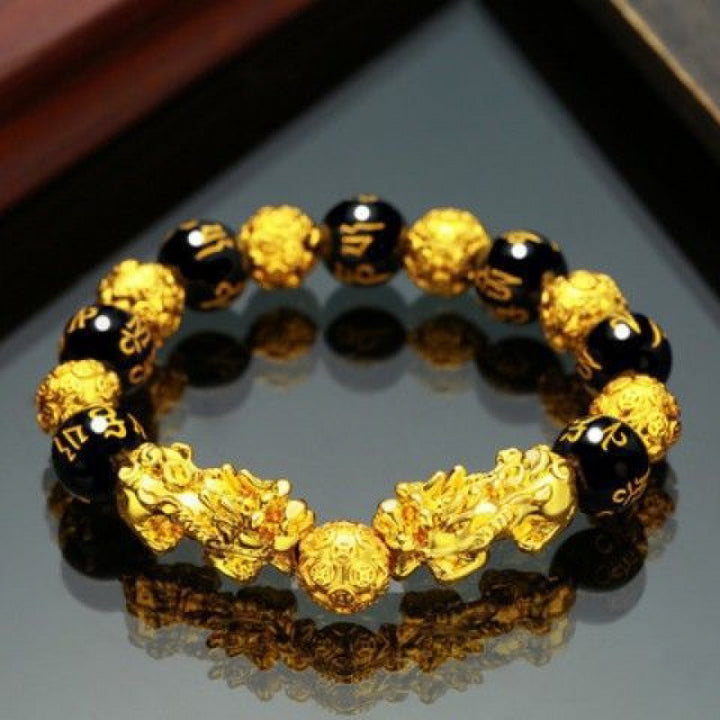 Gold‑Plated Pi Xiu Obsidian Bracelet, Six‑Word Mantra Black Round Bead Multi‑Style Men Single Strand Bracelet
