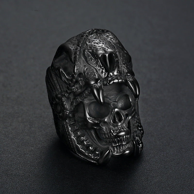 3D Beast Skull Wrapped Skeleton Wide Ring, S925 Silver Black / Antiqued Silver / Silver-Gold Two-Tone Heavy Dark Unisex Band