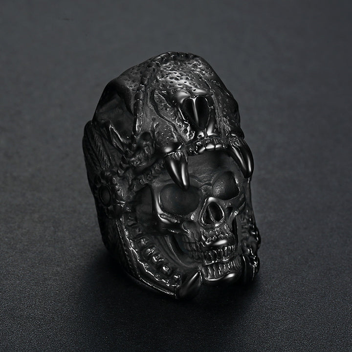 3D Beast Skull Wrapped Skeleton Wide Ring, S925 Silver Black / Antiqued Silver / Silver-Gold Two-Tone Heavy Dark Unisex Band
