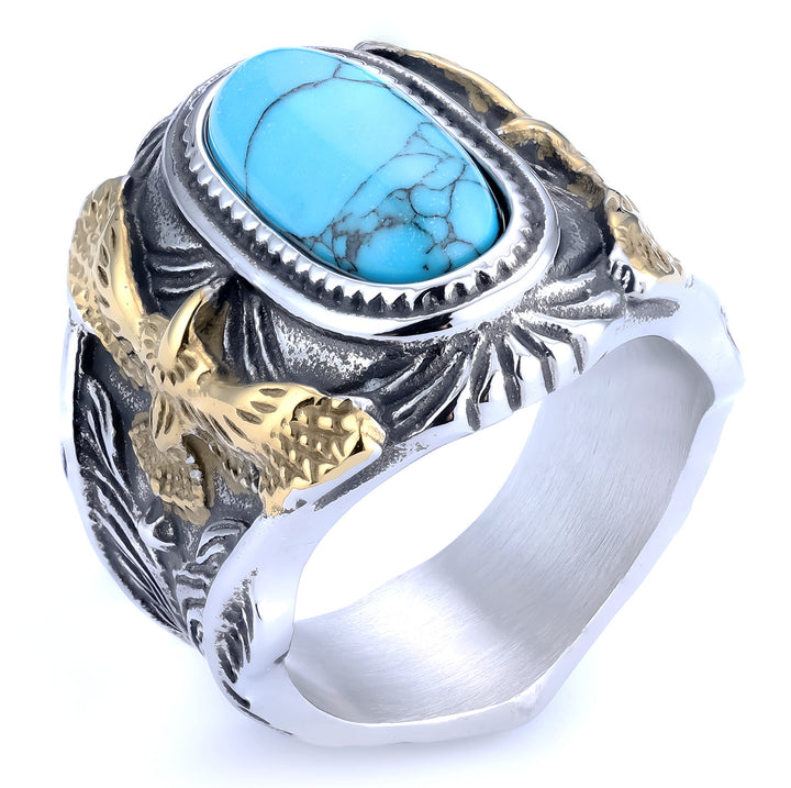 Western Style 3D Eagle Embossed Oval Gemstone Signet Ring, S925 Silver 3 Finishes Turquoise & Tiger Eye Vintage Wide Band For Men
