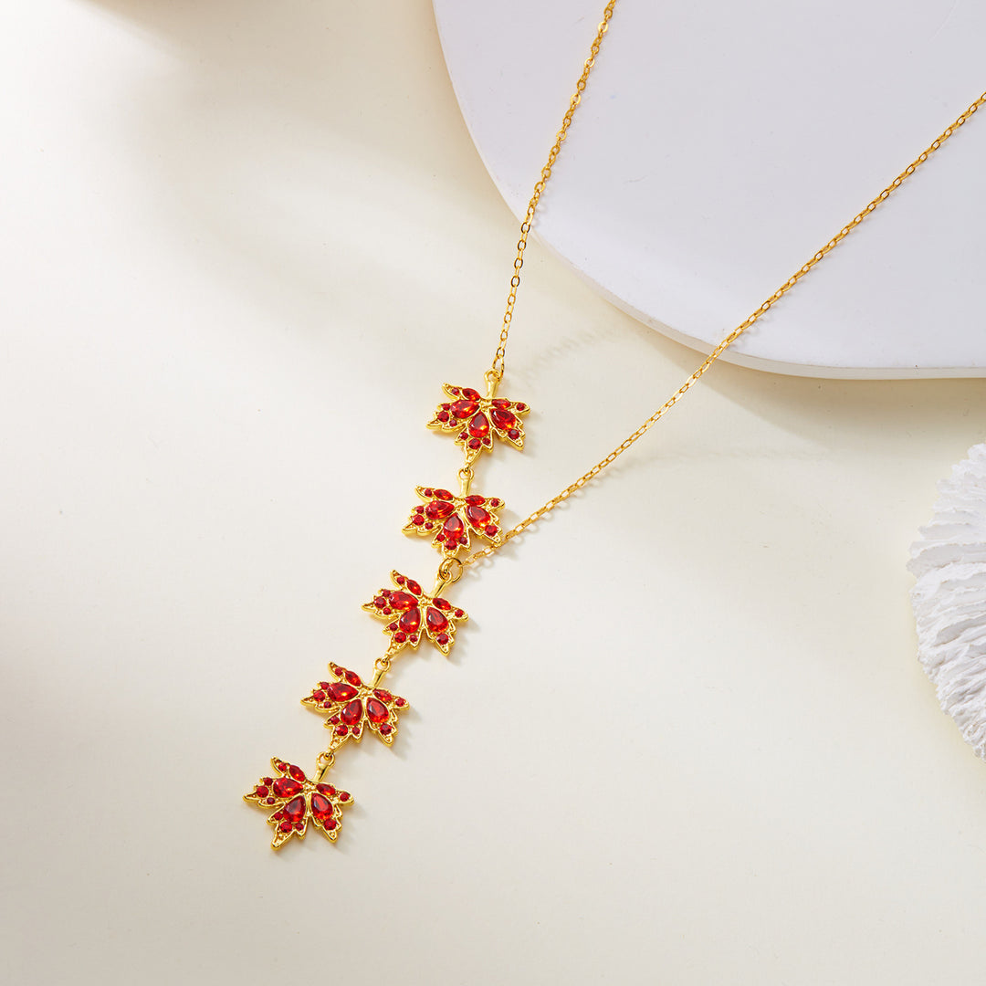 Red Diamond Maple Leaf Jewelry Set (Necklace + Bracelet + Hoop Earrings)