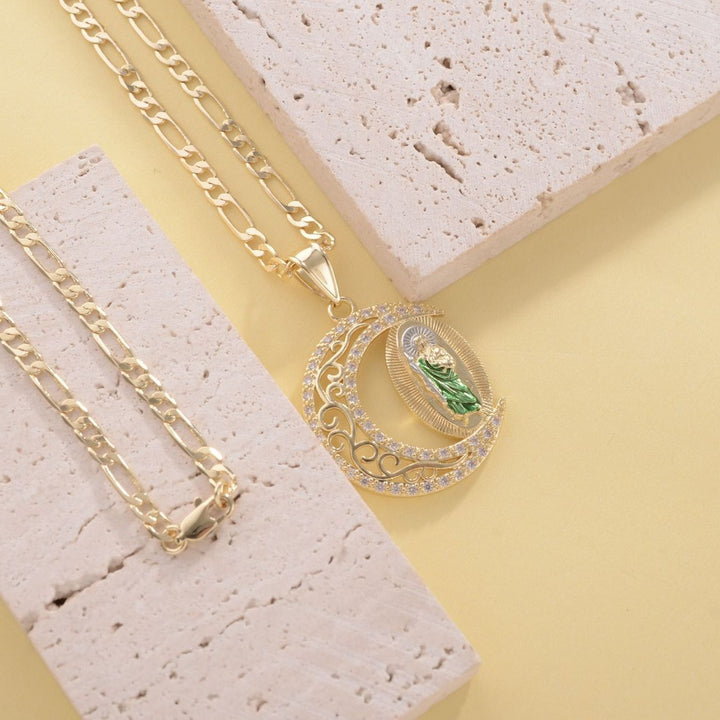 Gold Figaro Chain Necklace With Crescent‑Shaped Saint Enamel Pendant, Multi‑Color Option