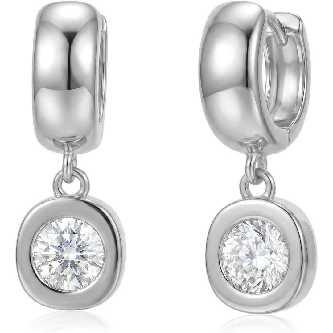 S925 Silver Bezel Set Round & Pear Diamond Huggie Earrings, Polished Hoop Removable Charm Drop Earrings