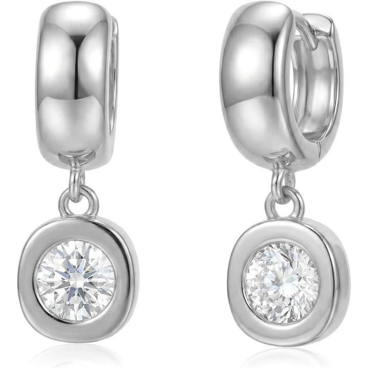 S925 Silver Bezel Set Round & Pear Diamond Huggie Earrings, Polished Hoop Removable Charm Drop Earrings