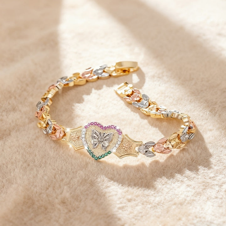 Tri‑Color Heart Butterfly Engraved Adjustable Bracelet