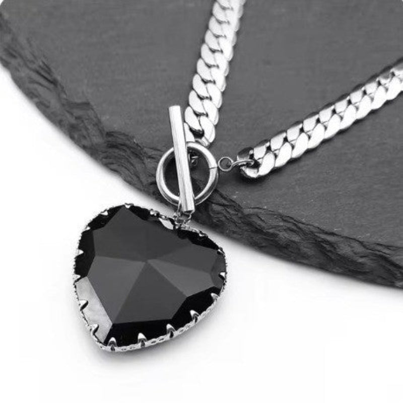 Large Heart Gemstone OT Clasp Cuban Link Necklace (Goth Sweet & Edgy Choker)