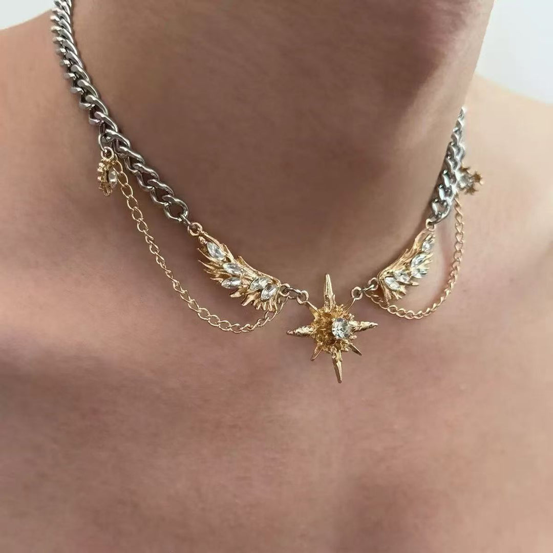 Vintage Wing Star Layered Spliced Necklace, Cool Wing Diamond Unisex Statement Choker