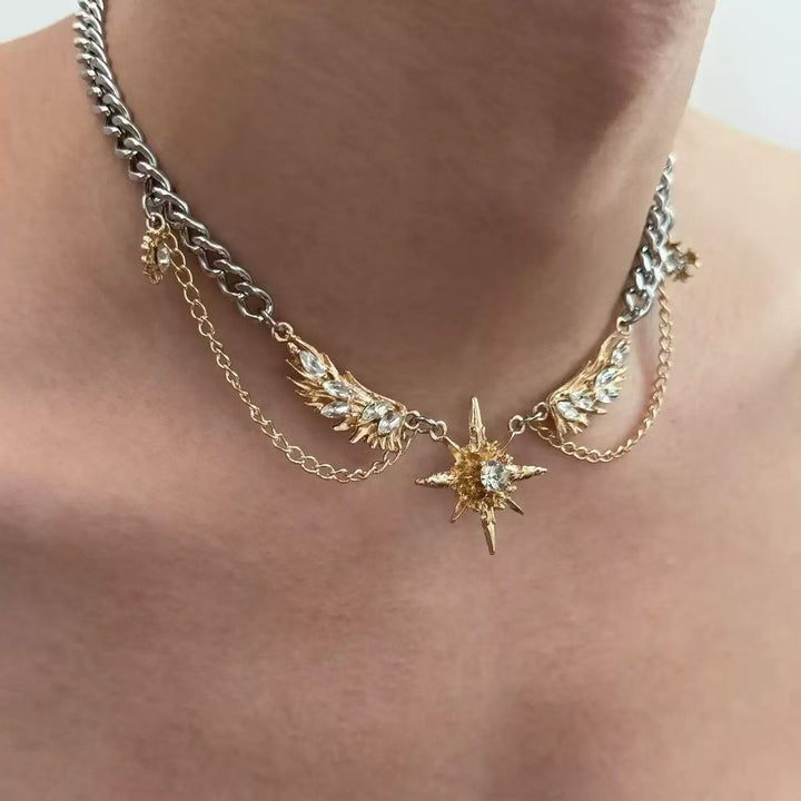 Vintage Wing Star Layered Spliced Necklace, Cool Wing Diamond Unisex Statement Choker