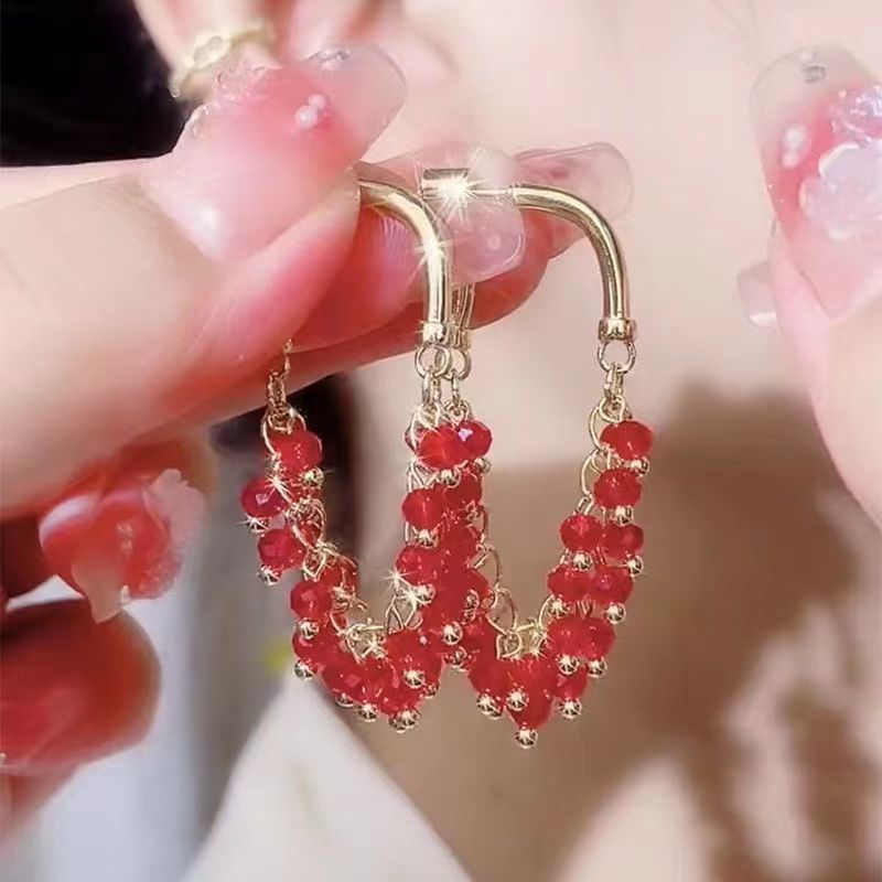 Multi-color Crystal Beaded Tassel Hoop Earrings